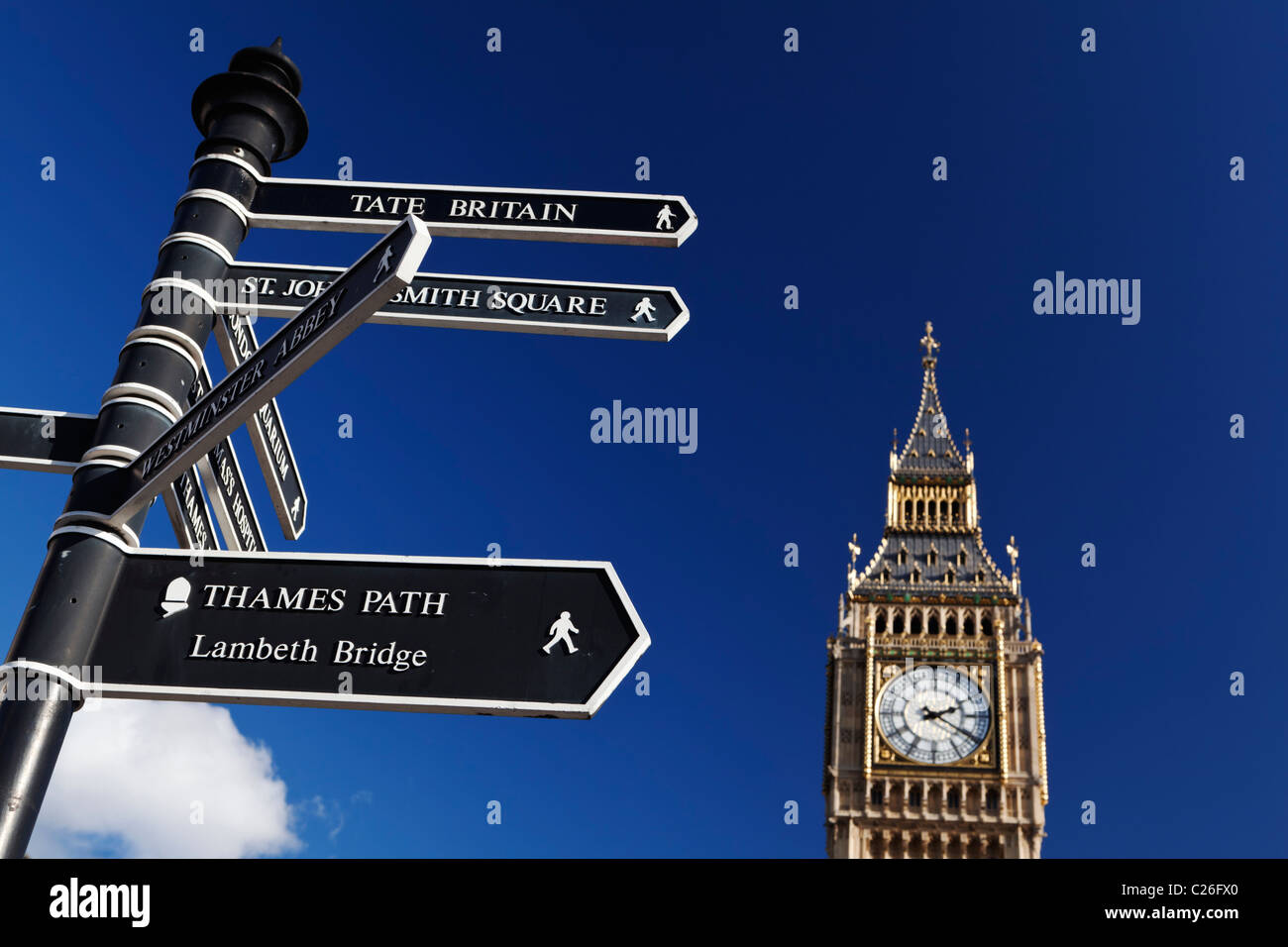 Big Ben with signposts pointing the way to tourist attractions Stock Photo