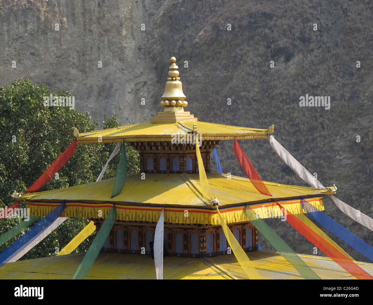 Roof of Gom Kora temple, a sacred meditation site of Guru Rimpoche, north of Trashigang, East Bhutan Stock Photo