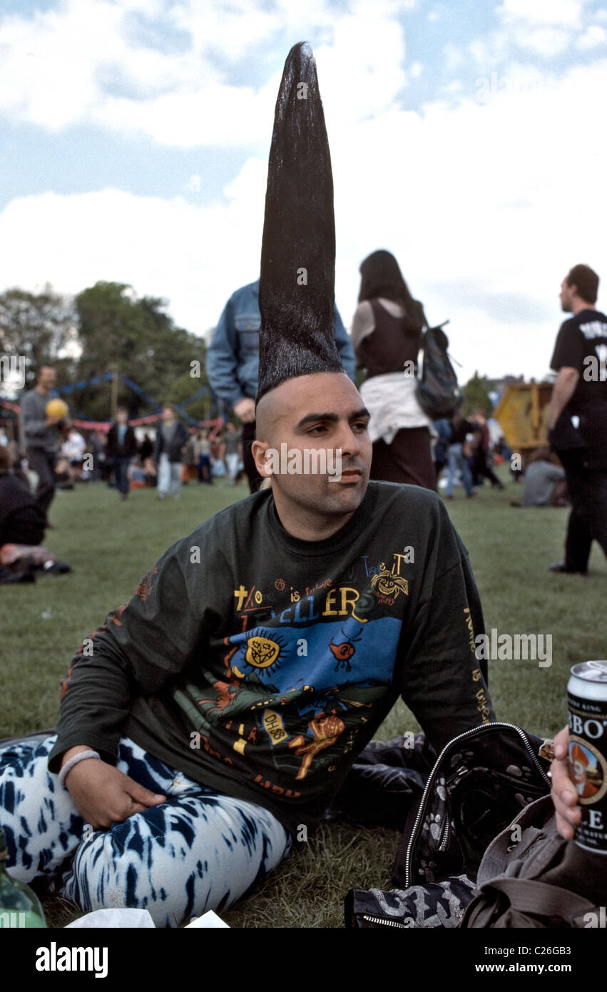 young Punk  displaying a two foot 2ft quiff sitting in a park at an outdoor festival Stock Photo