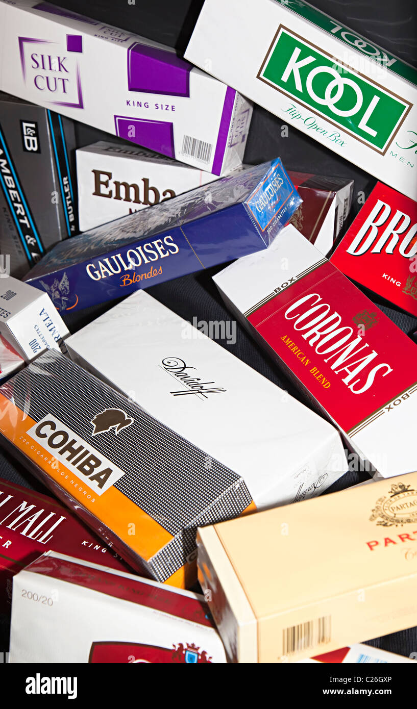 Assorted packets of cigarettes Stock Photo