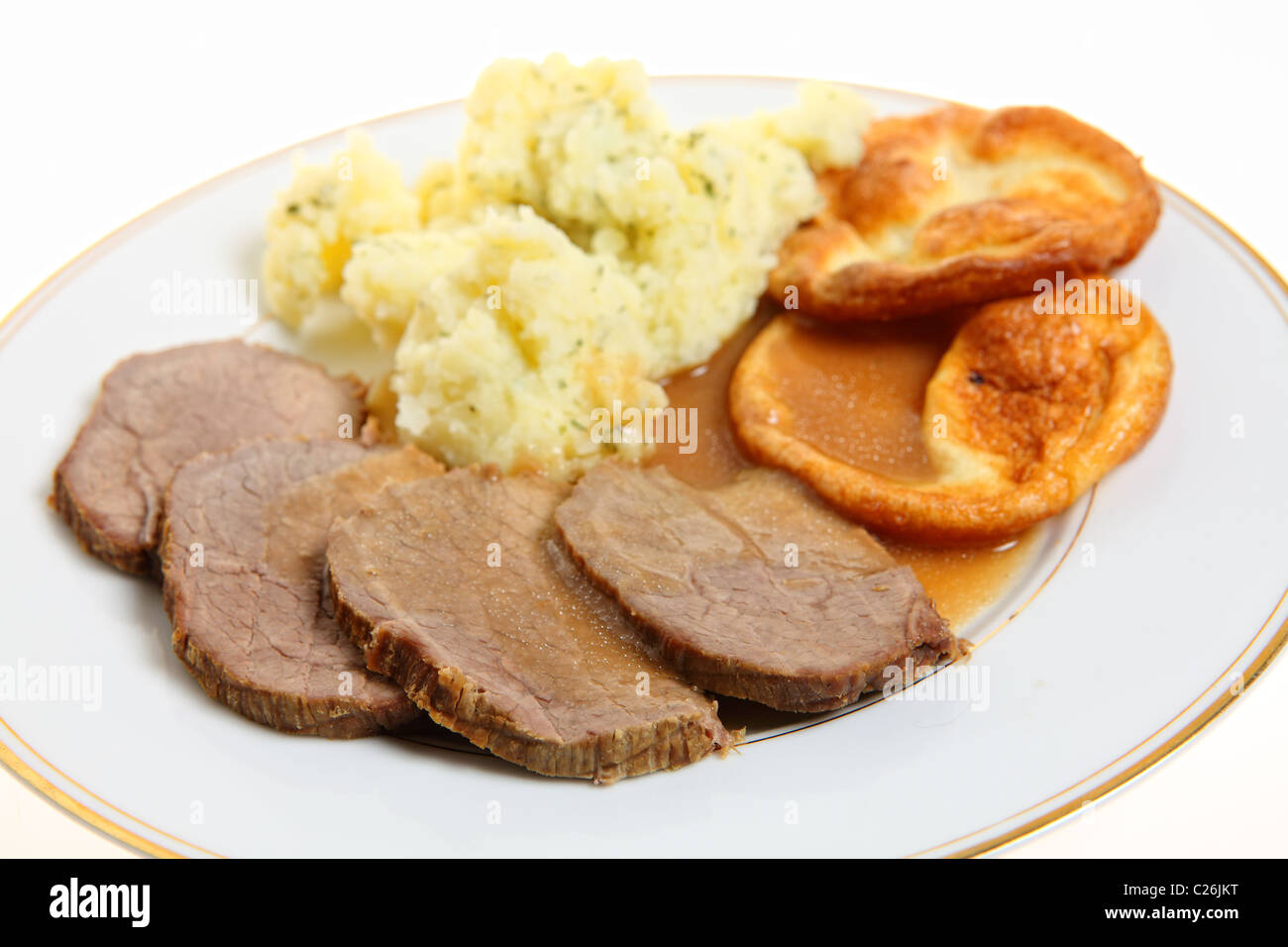 A traditional British meal of roast beef silverside with Yorkshire