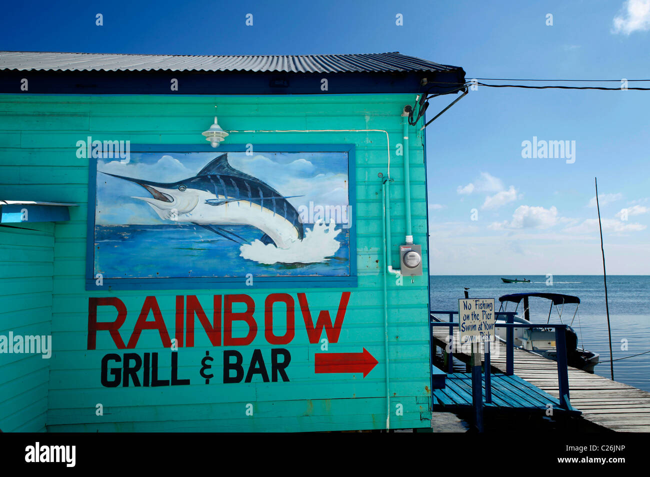 Fish restaurant on Caye Caulker beach on the  island off Belize Stock Photo
