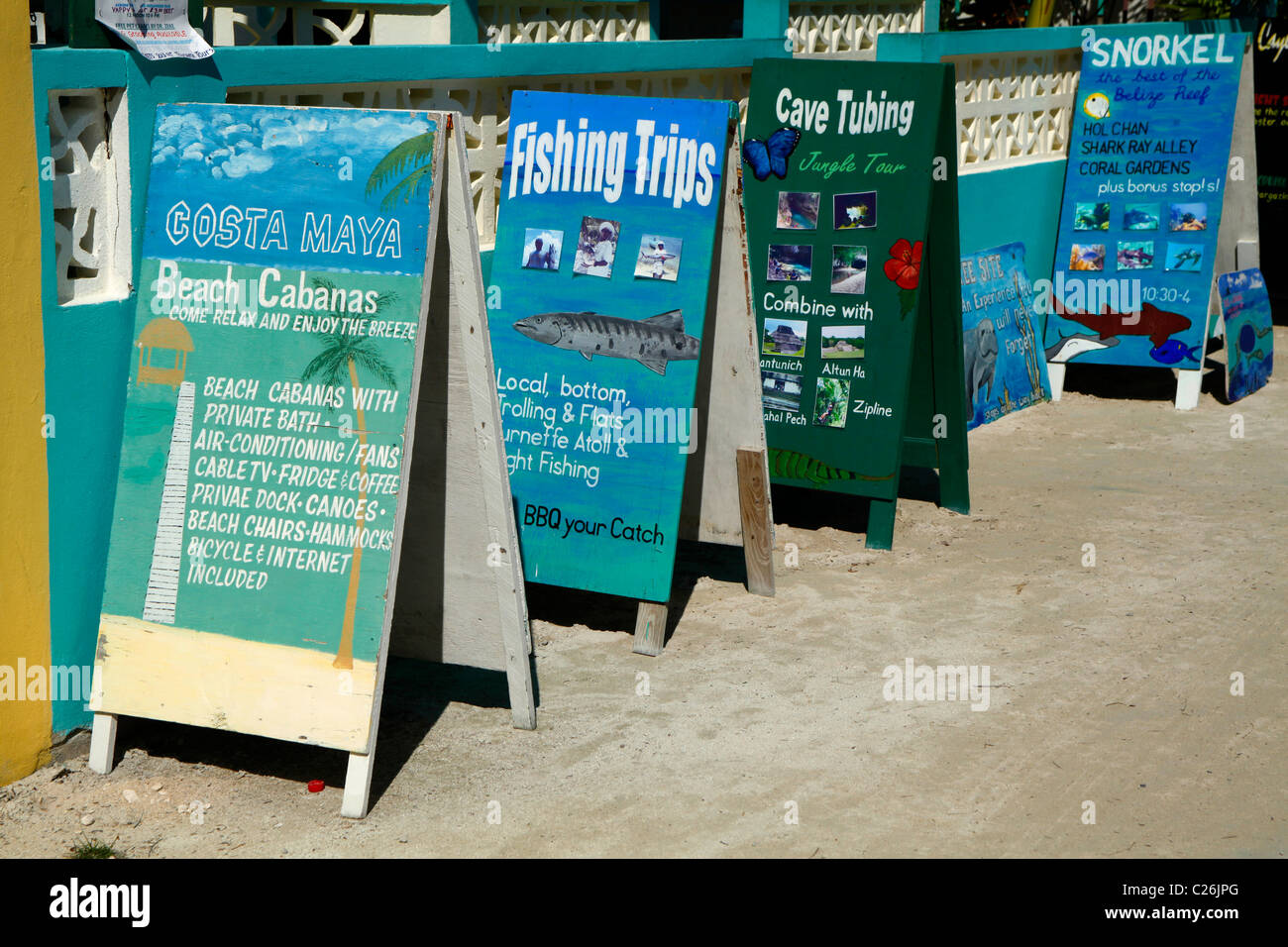 Diving fishing and day trips on Caye Caulker beach on the island off Belize Stock Photo