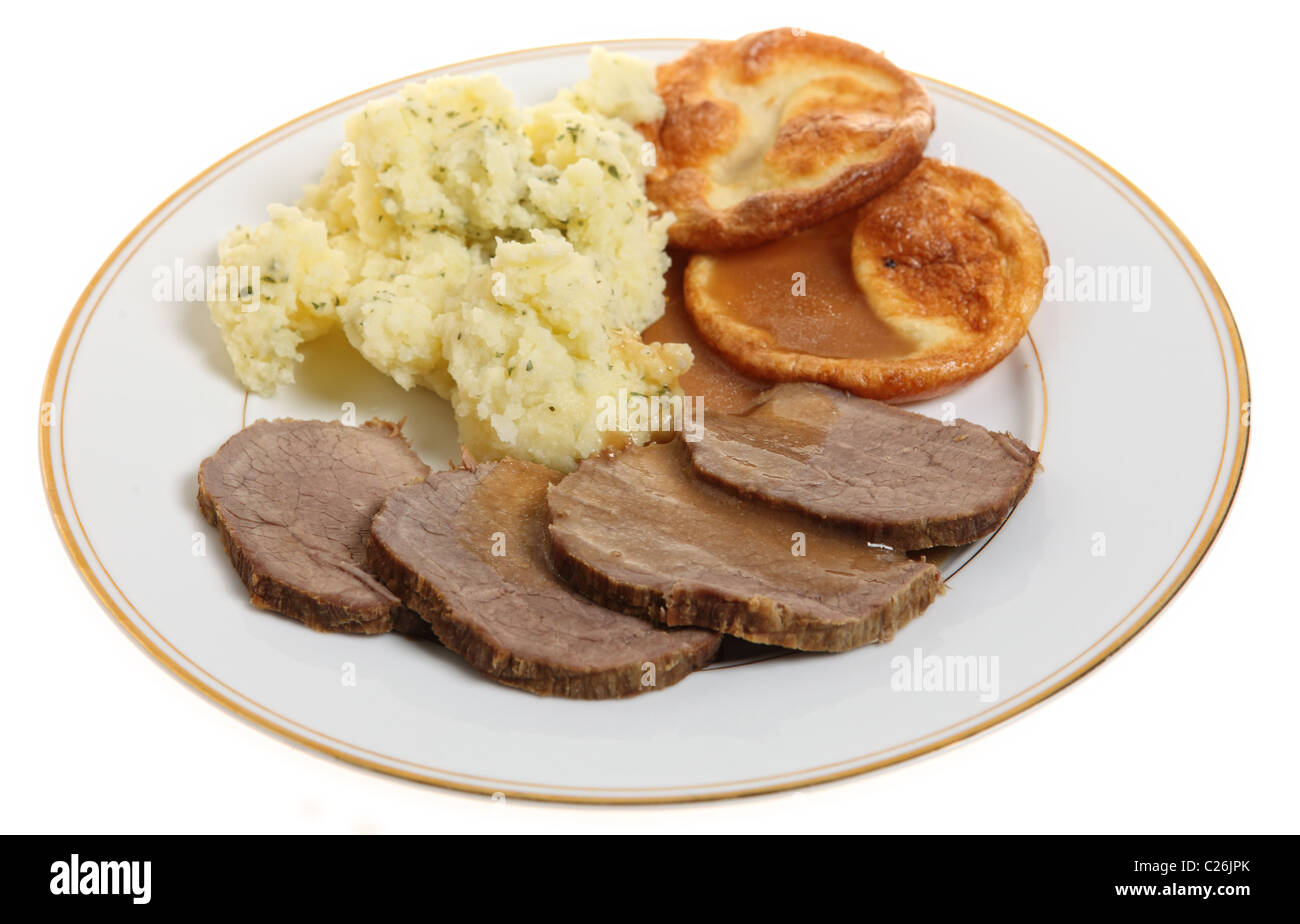 A traditional British meal of roast beef silverside with Yorkshire
