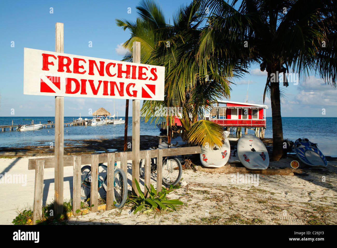 Restaurant and diving centre on Caye Caulker beach on the  island off Belize Stock Photo