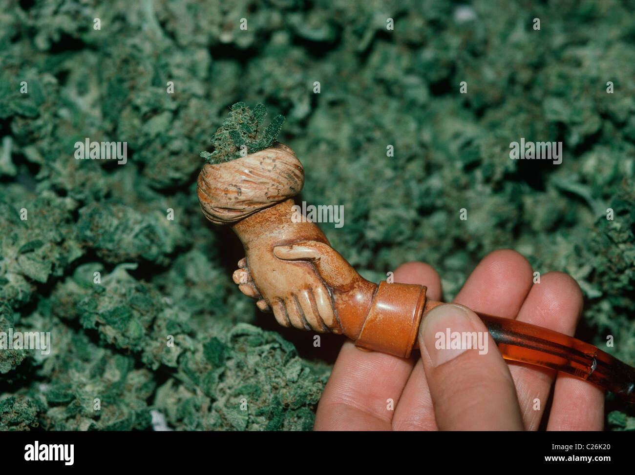 17th Century Chinese Meerschaum Hashish pipe, marijuana background. Amsterdam- Holland. Stock Photo