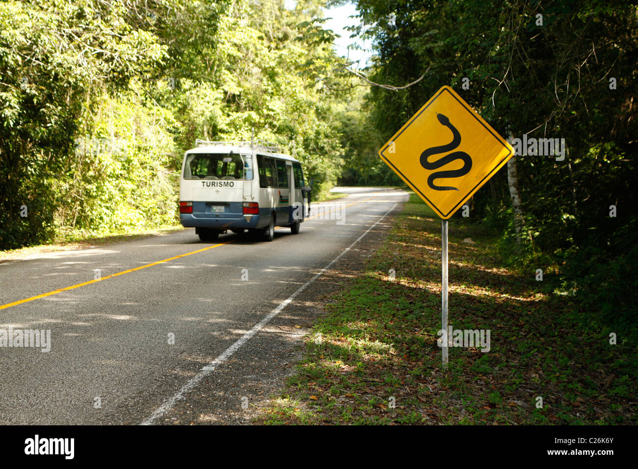 Road sign in Guatemala warning against poisonous snakes. Stock Photo