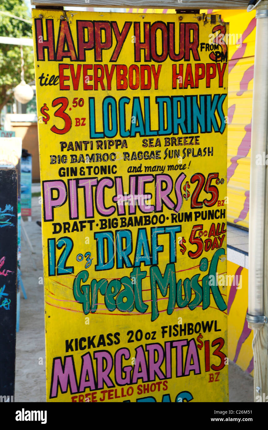 Bar sign for drinks and cocktails on Caye Caulker island Belize Stock Photo