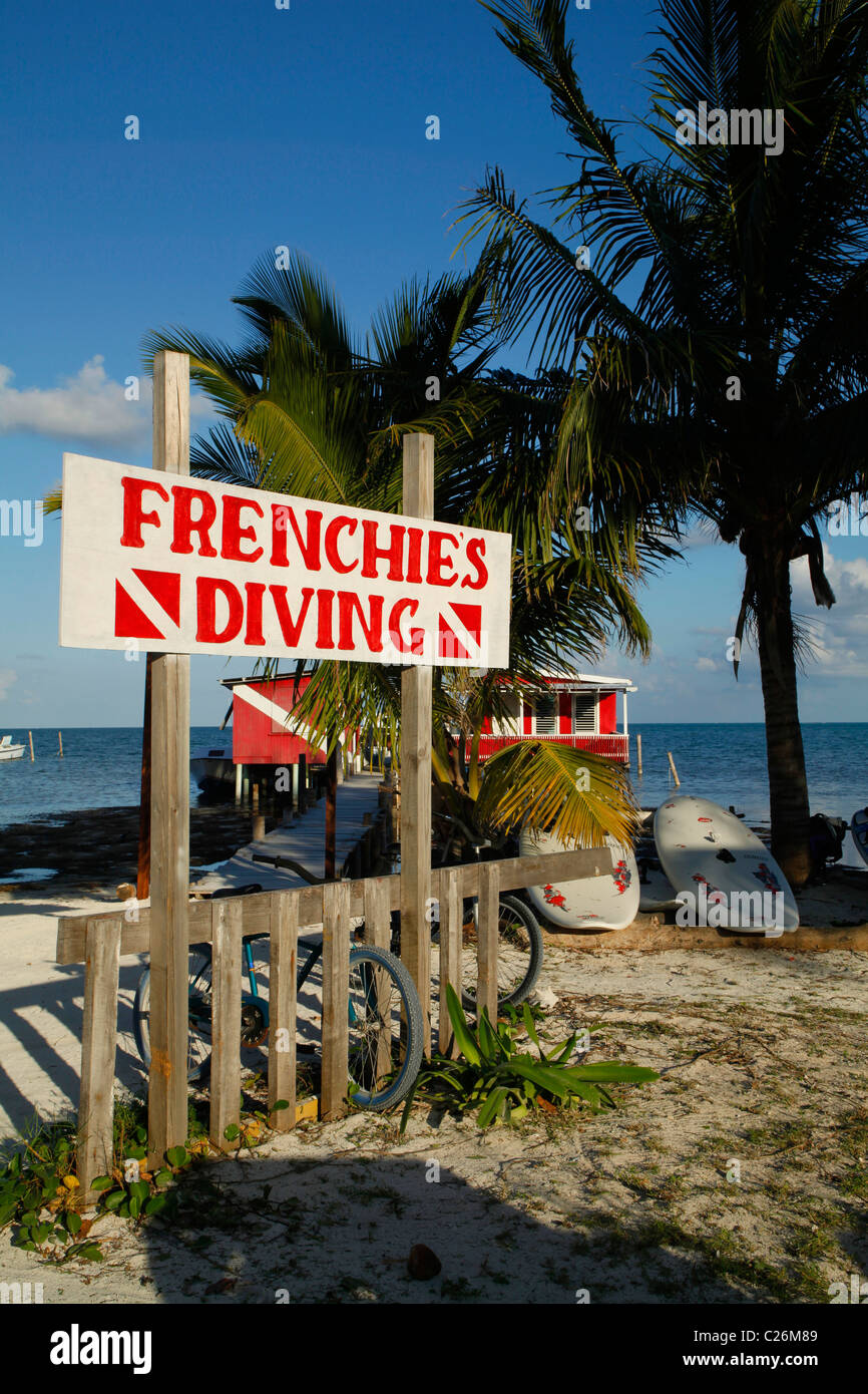 Restaurant and diving centre on Caye Caulker beach on the  island off Belize Stock Photo