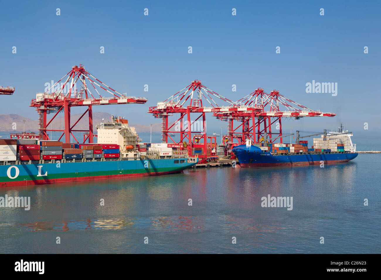 Two container ships in the port of Callao, Lima, Peru Stock Photo
