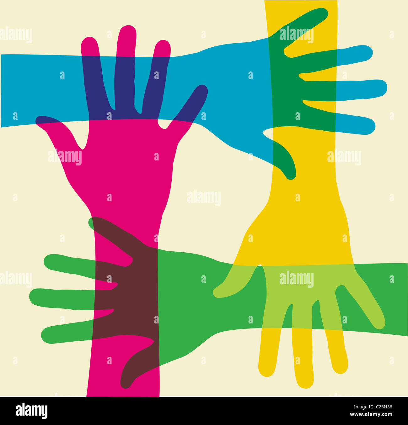 colorful hands illustration over a light background. Vector file available. Stock Photo