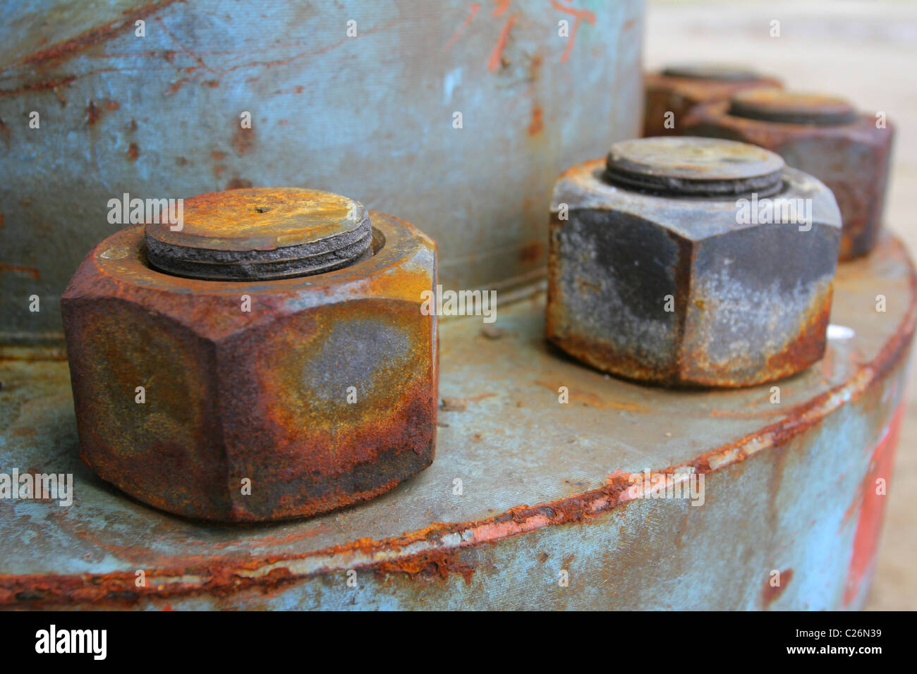 Rusted nuts on the casing head. RUSSIA Stock Photo