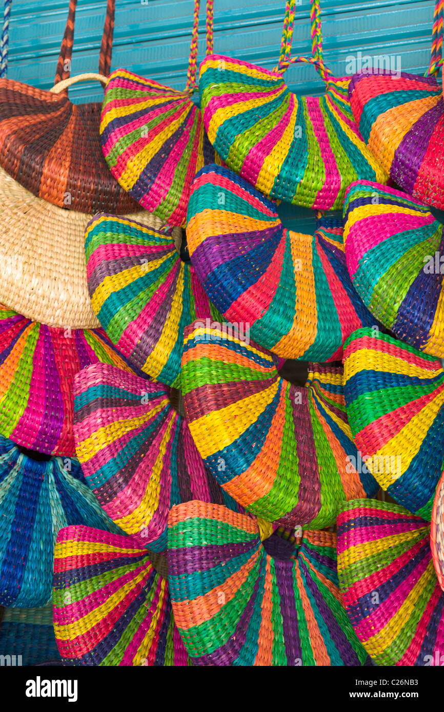 Handmade bags on sale in the Indian Market, Miraflores, Lima, Peru Stock Photo