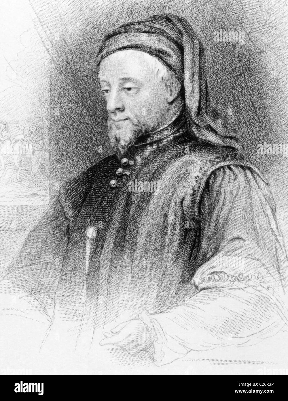 Geoffrey Chaucer (1343-1400) on engraving from 1838. English author, poet, philosopher, bureaucrat, courtier and diplomat. Stock Photo