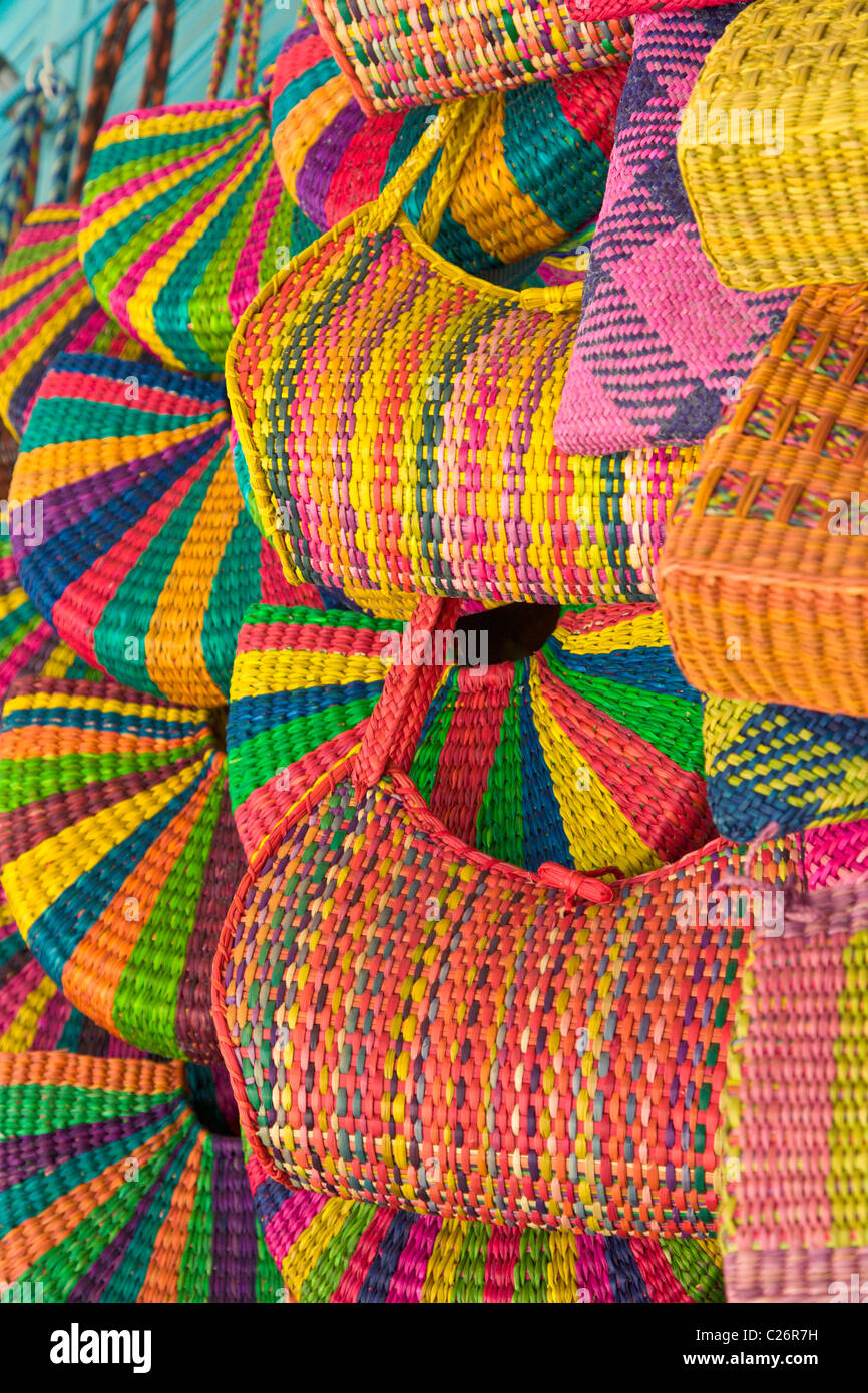 Handmade bags on sale in the Indian Market, Miraflores, Lima, Peru Stock Photo