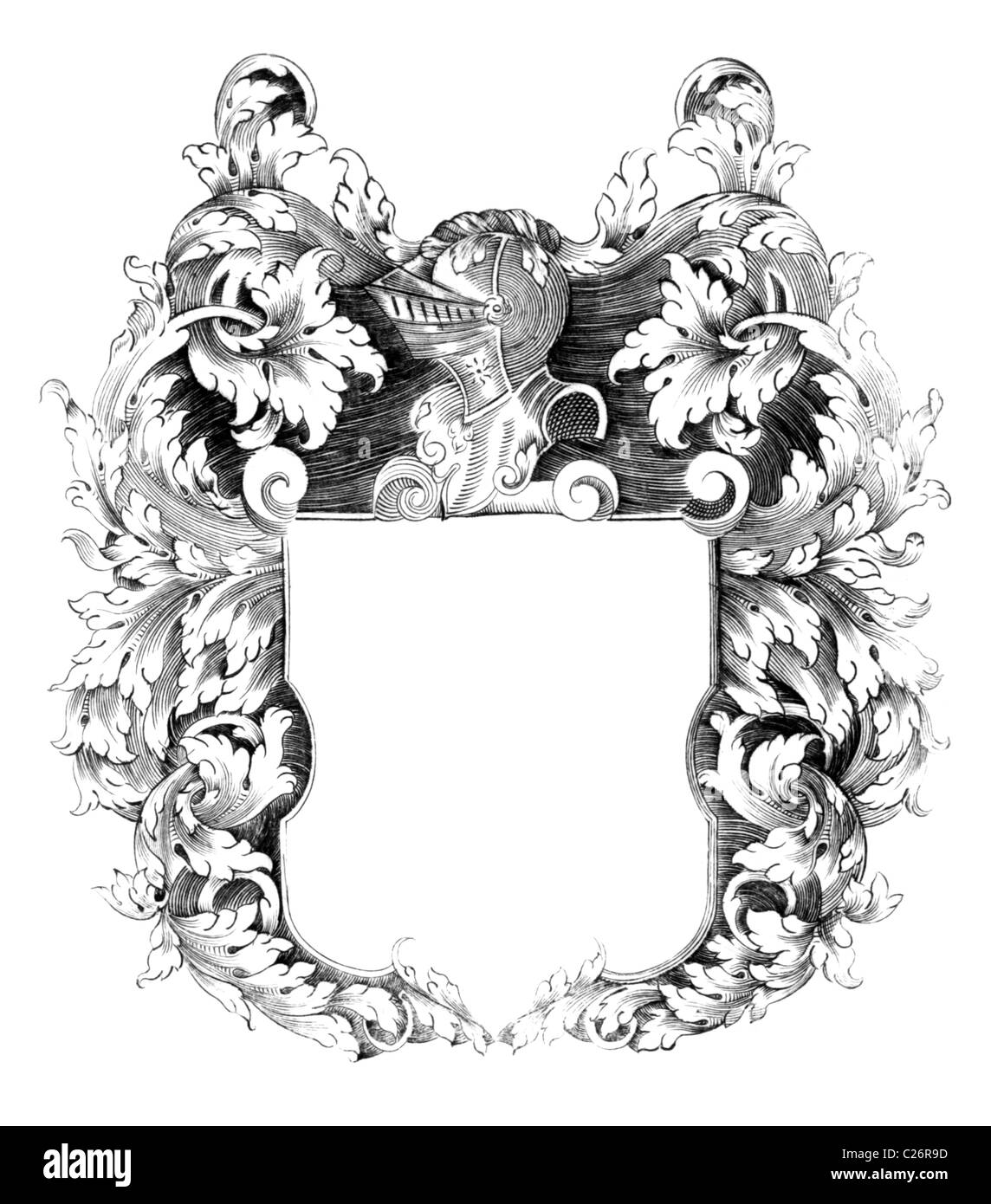 Heraldic crest on engraving from the 1700s. Stock Photo