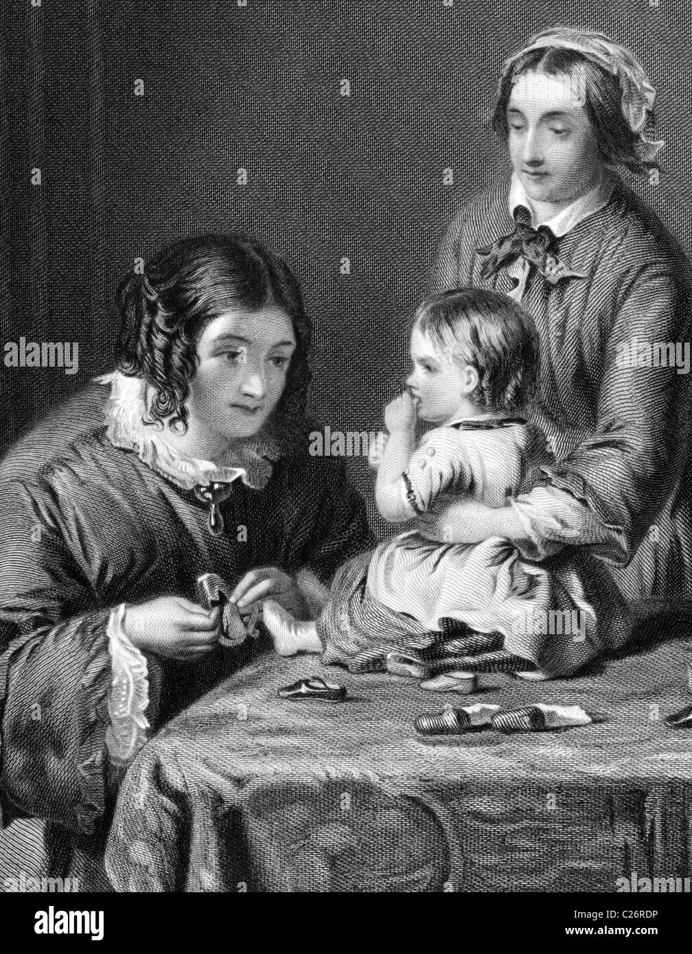 Mother trying new shoes to her child on engraving from 1866. Engraved by H.Bourne after a painting by W.P.Frith. Stock Photo