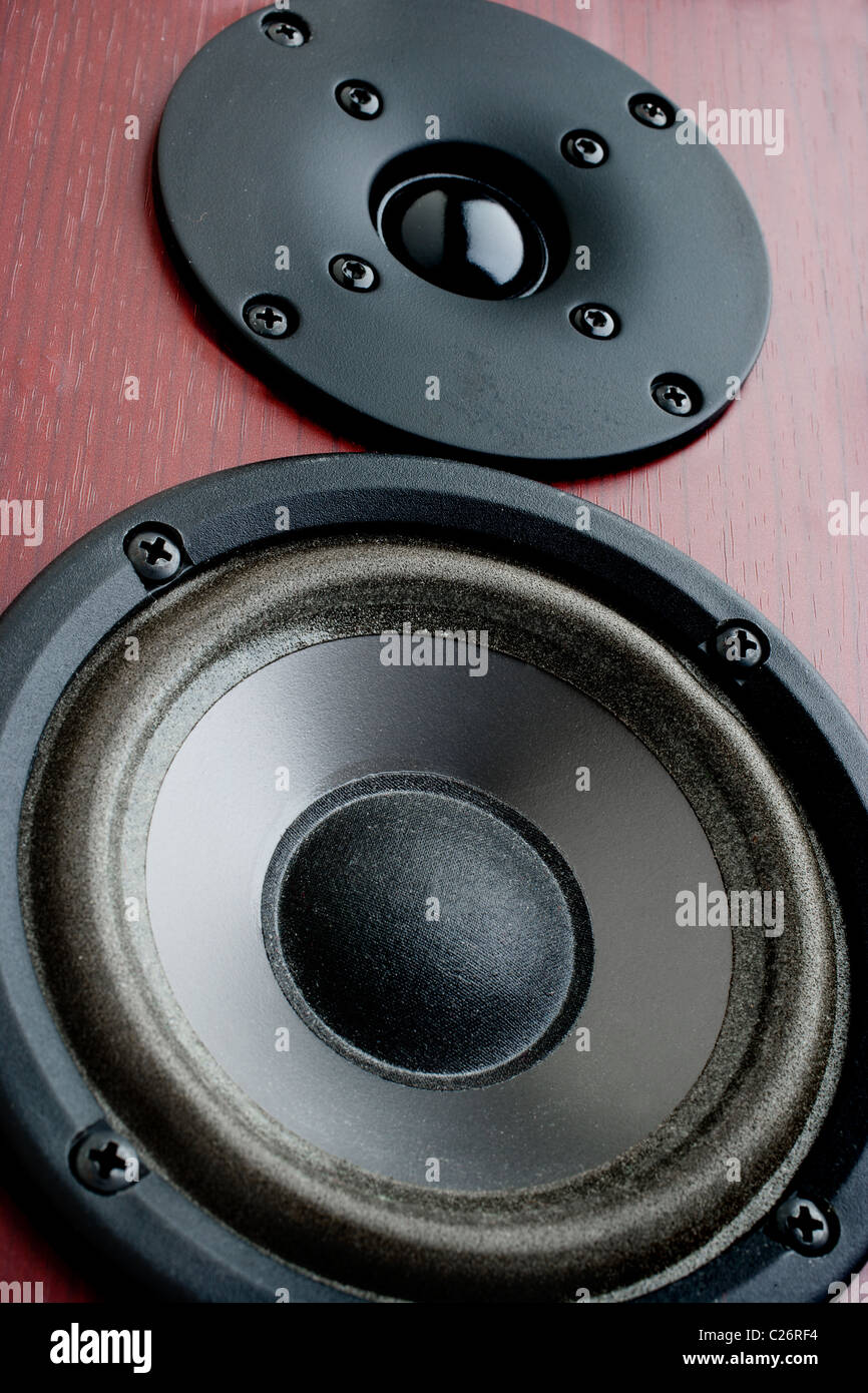 Vertical wide angle close-up of audio speakers including a small woofer and a tweeter Stock Photo