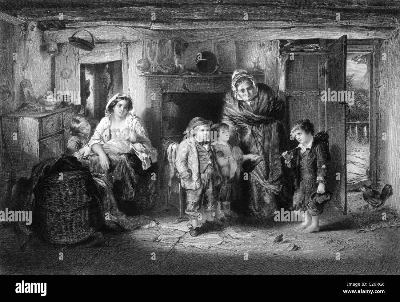 Poor orphan boy begs at cottage door on engraving from 1866. Engraved by P.Lightfoot after a painting by T.Faed. Stock Photo