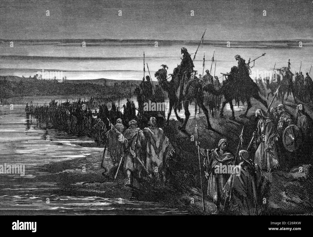 The Israelites Crossing the Jordan on engraving from 1875. Designed and drawn by G.Dore and engraved C.Laplante. Stock Photo