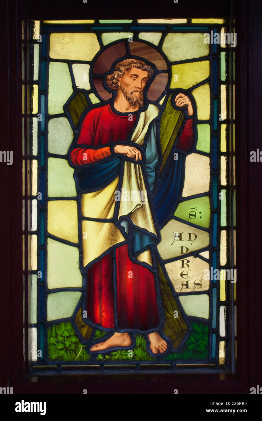 Stained glass window of Saint Andrew at Castell Coch Cardiff Wales UK