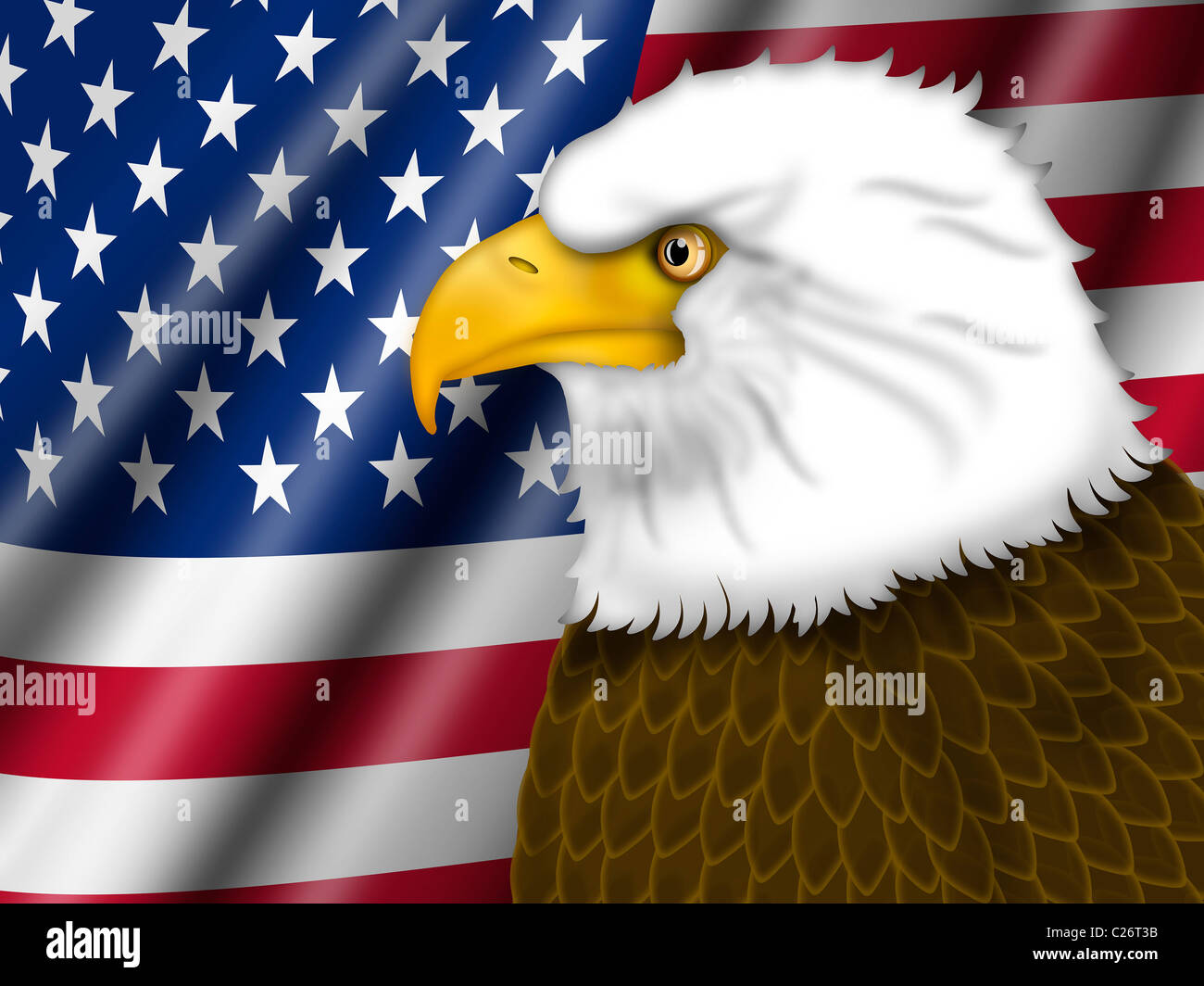 American Bald Eagle and US Flag Background Illustration Stock Photo