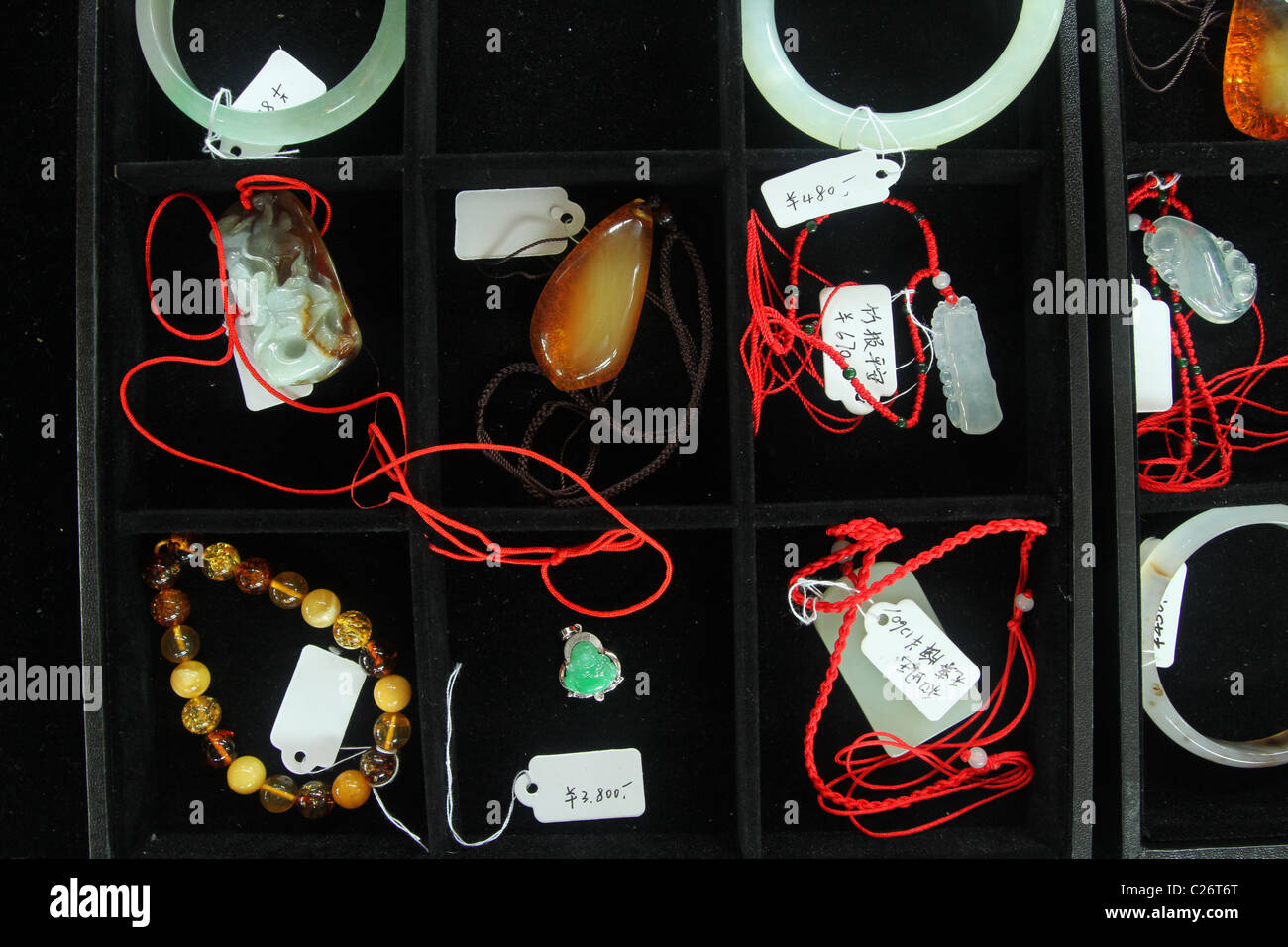 Jewelry for Sale. Price tags visible. Stock Photo