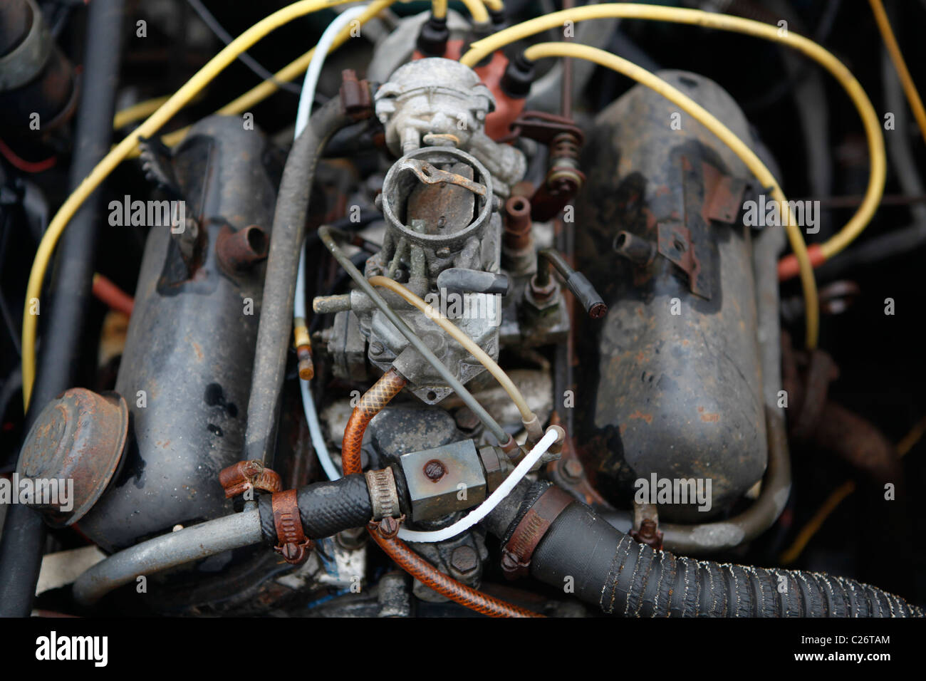SAAB engine Sportscar sits before auction sale next to a barn in rural Indiana. sports car Stock Photo