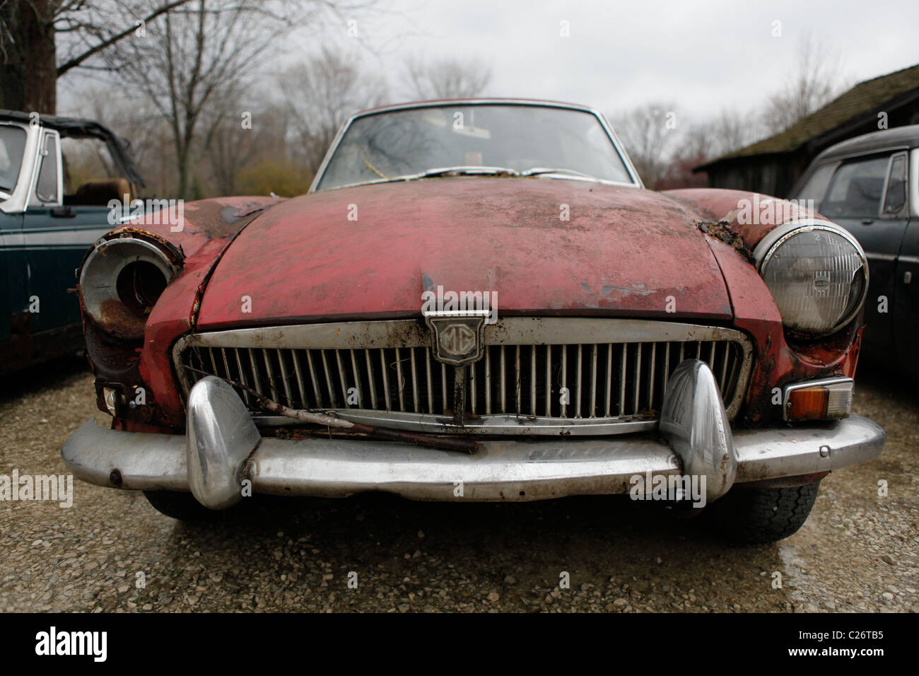 MG British Sportscar sits before auction sale next to a barn in rural Indiana. sports car MGT hood detail grill Stock Photo