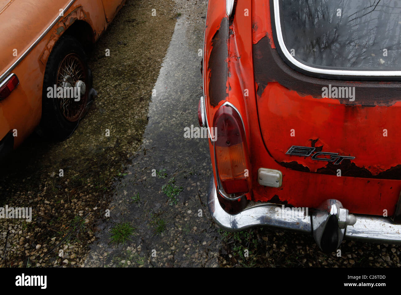 MG British Sportscar sits before auction sale next to a barn in rural Indiana. sports car BGT detail  Stock Photo