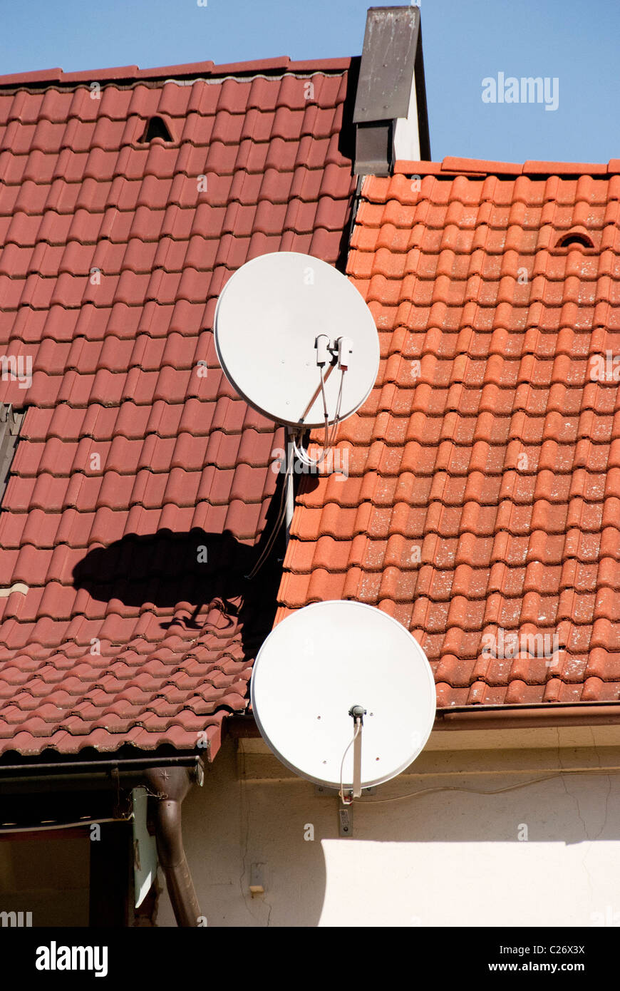 satellite dishes on the roof Stock Photo
