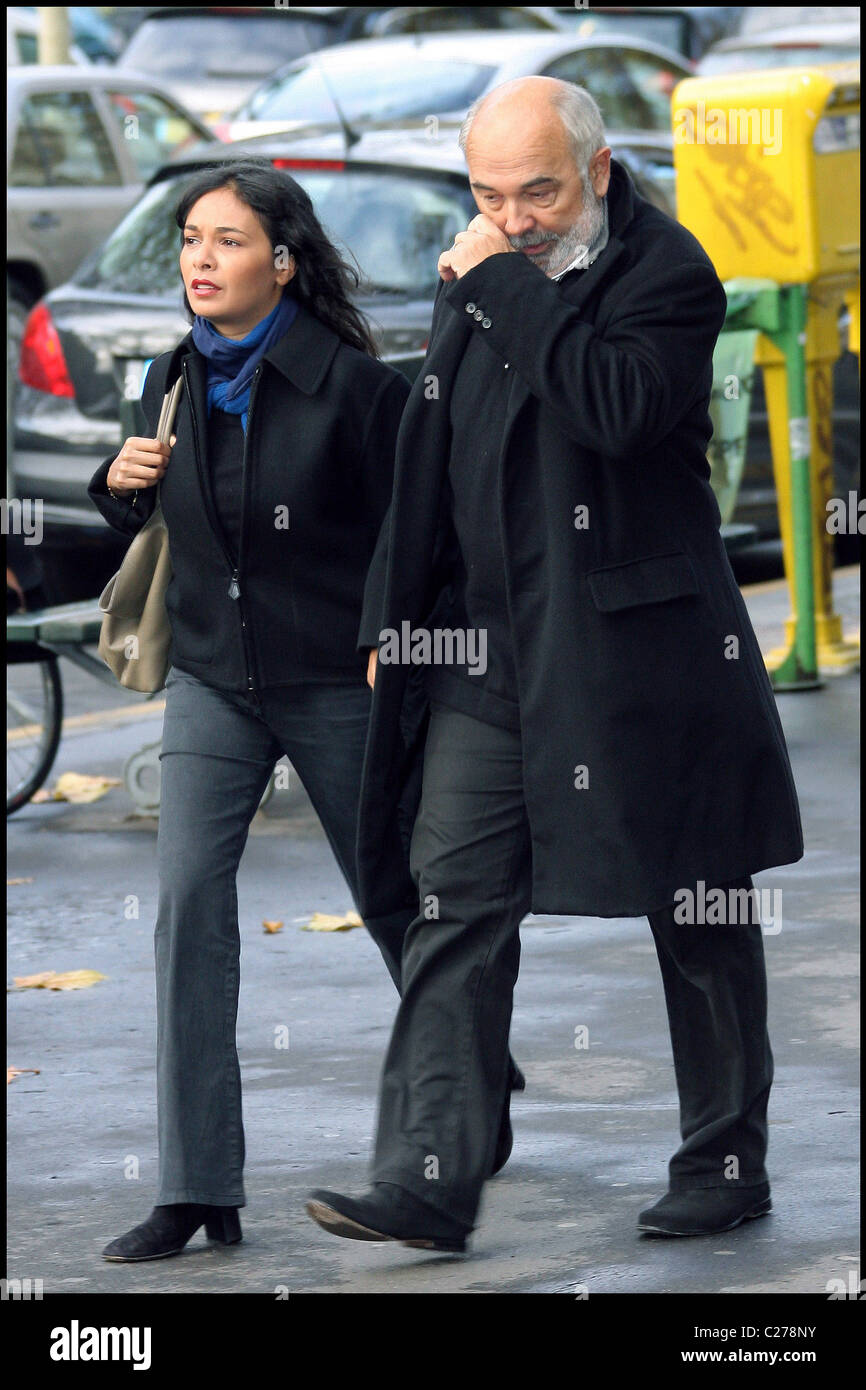 Gerard Jugnot and wife Saida Jawad attend the funeral of the late French actor Jocelyn Quivrin who died in a tragic car Stock Photo