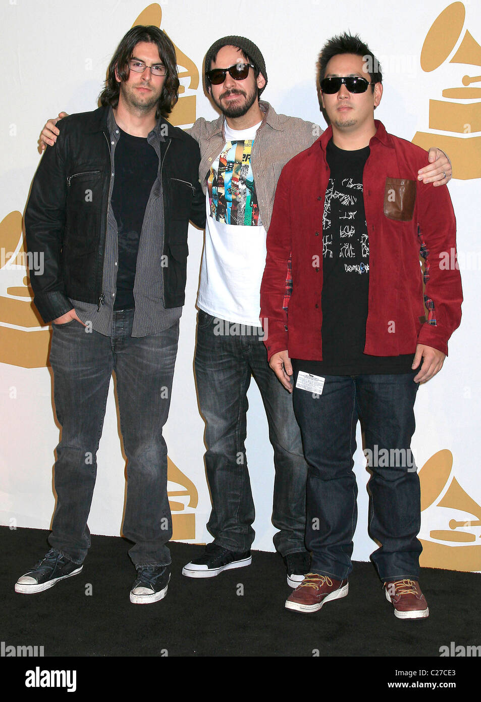 (l-r) Rob Bourdon, Mike Shinoda and Joe Hahn of ' Linkin Park' The 52nd GRAMMY Nominations Concert Live! held at Club Nokia - Stock Photo