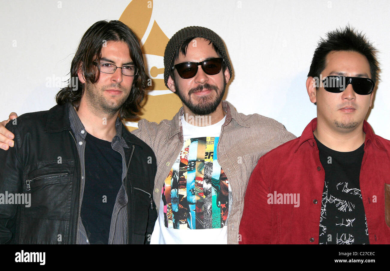 (l-r) Rob Bourdon, Mike Shinoda and Joe Hahn of ' Linkin Park' The 52nd GRAMMY Nominations Concert Live! held at Club Nokia - Stock Photo