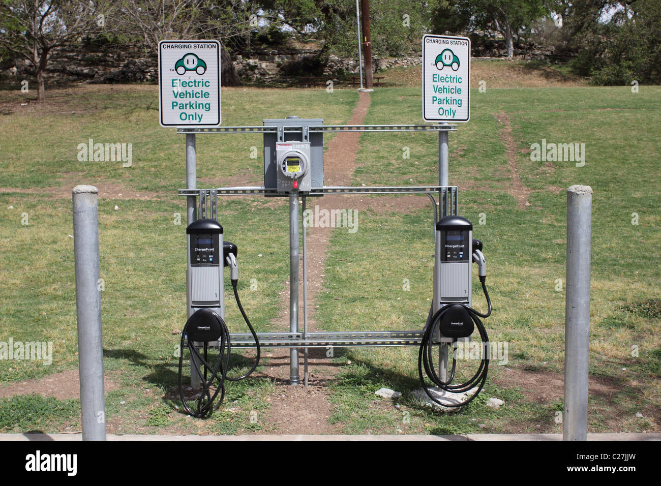 Electric car parking space and charger at Zilker Parker at Barton Springs Pool Stock Photo