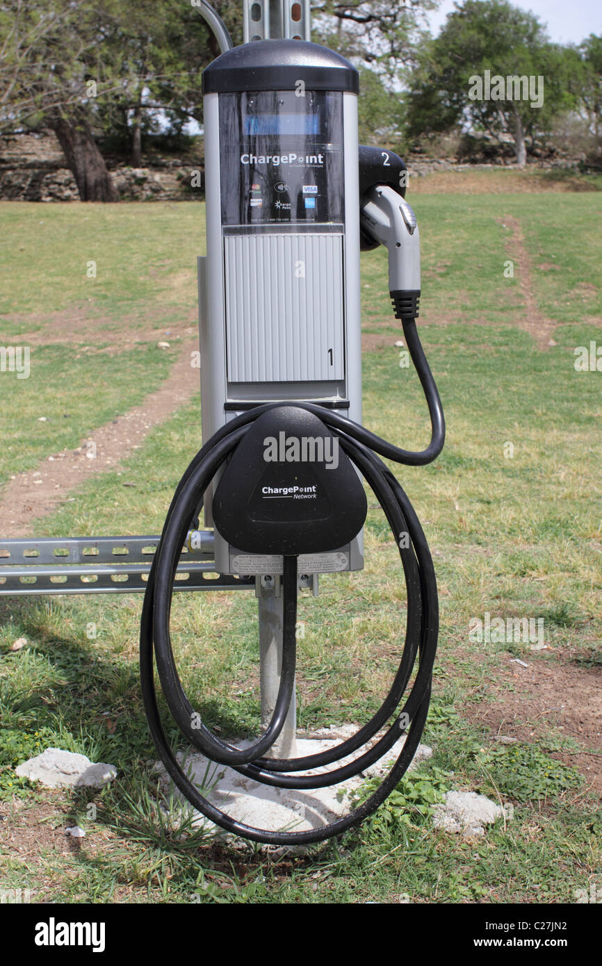 Electric car charger at Barton Springs Pool in Zilker Park Stock Photo