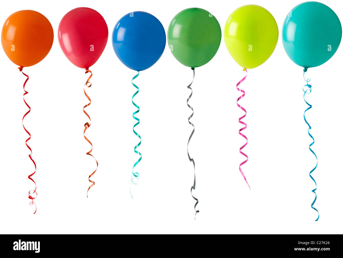 coloured party balloons and streamers floating on a white background