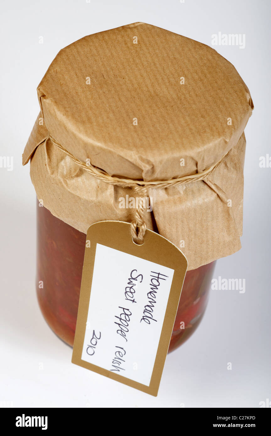 Jar of homemade sweet pepper relish Stock Photo