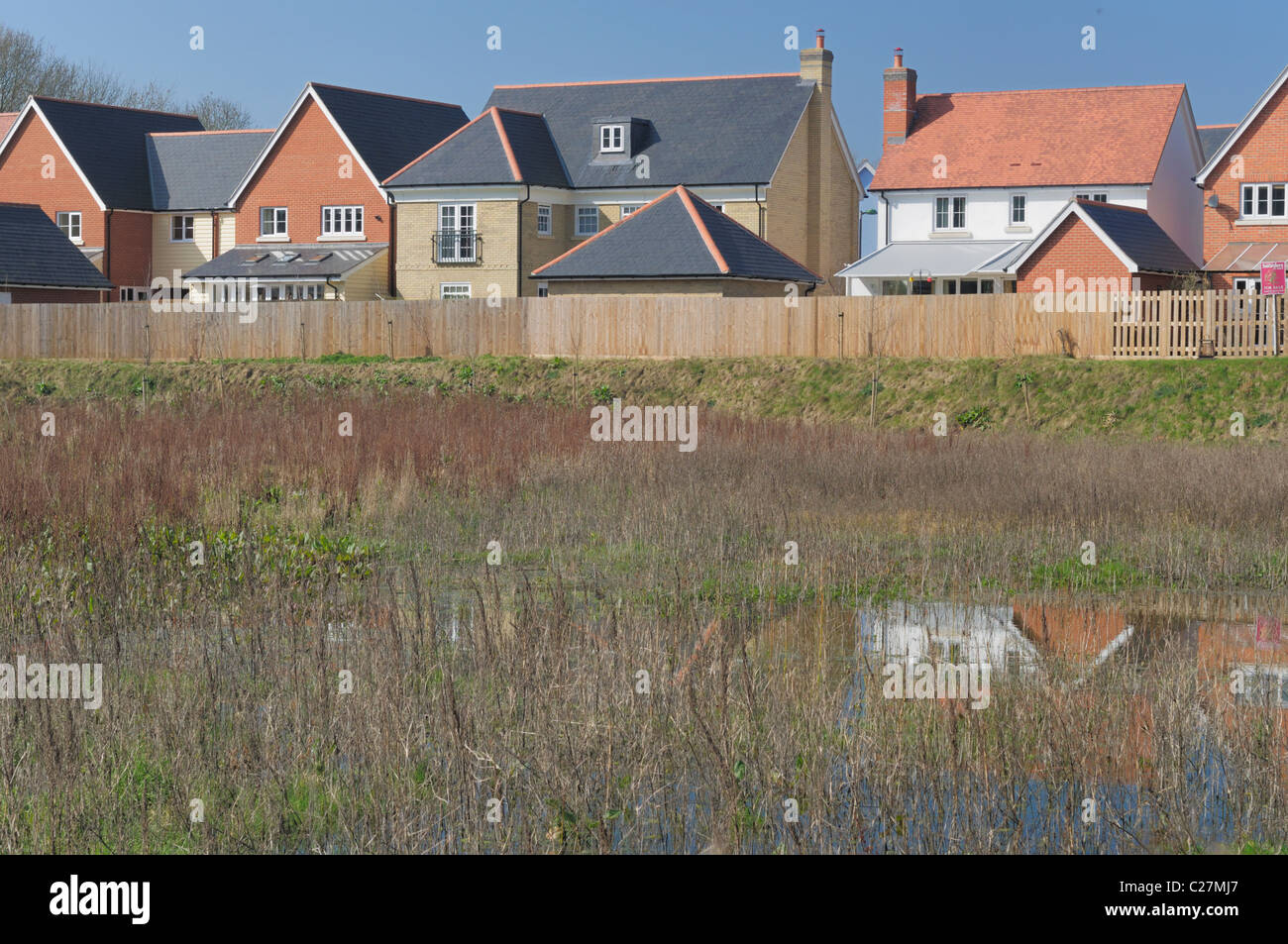 A floodplain near a housing estate in Sudbury, Suffolk, England Stock