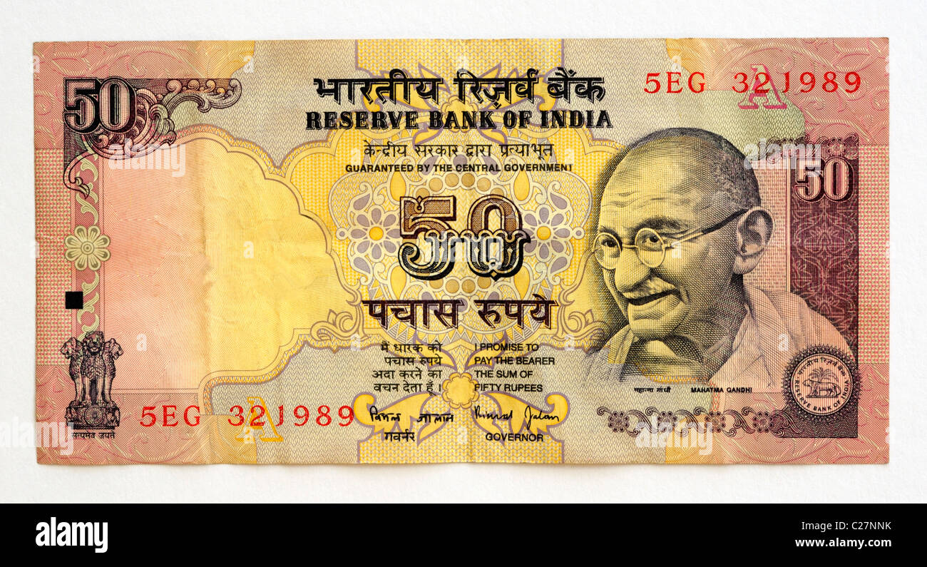 India 50 Fifty Rupee Bank Note. Stock Photo