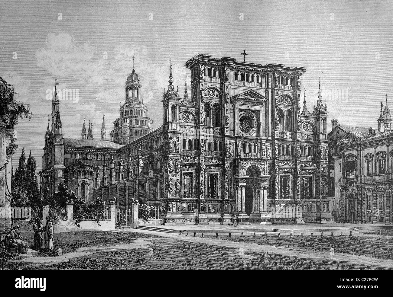 The Certosa di Pavia Gra-Car monastery, Pavia, Lombardy, Italy, historical illustration circa 1893 Stock Photo