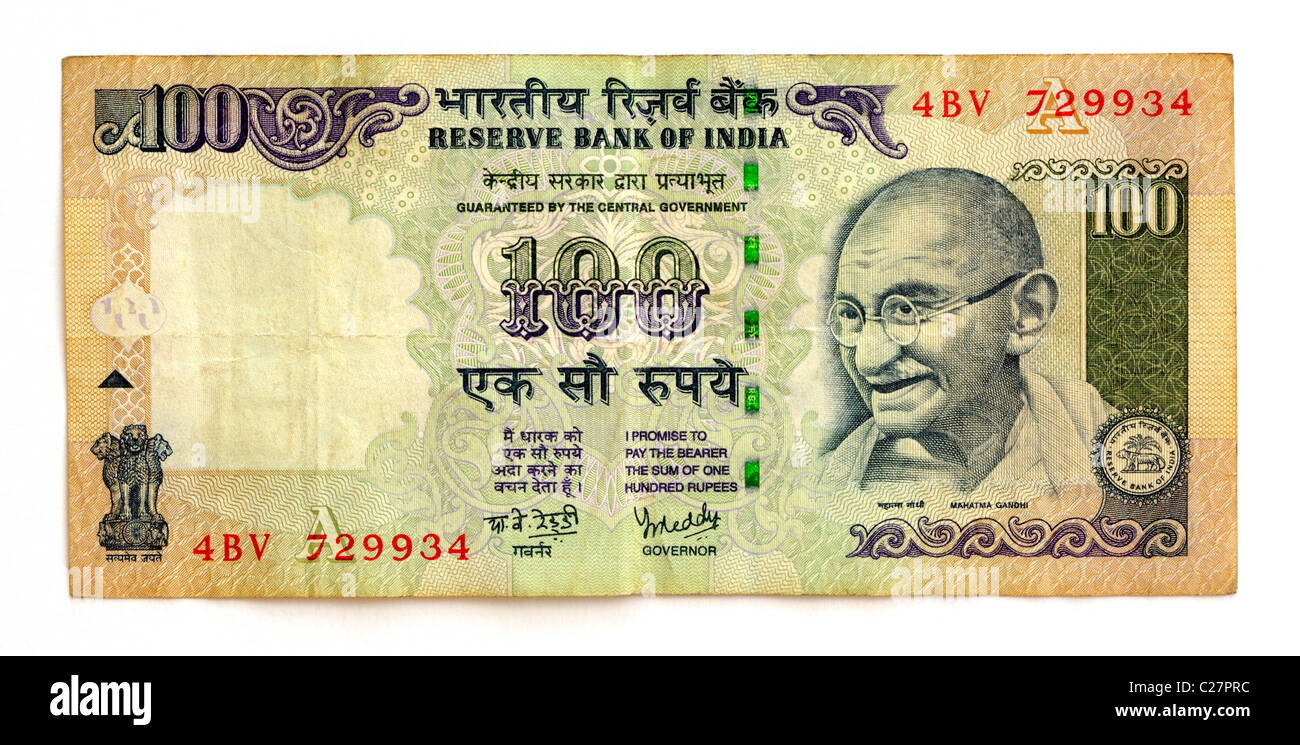 India 100 One Hundred Rupee Bank Note. Stock Photo