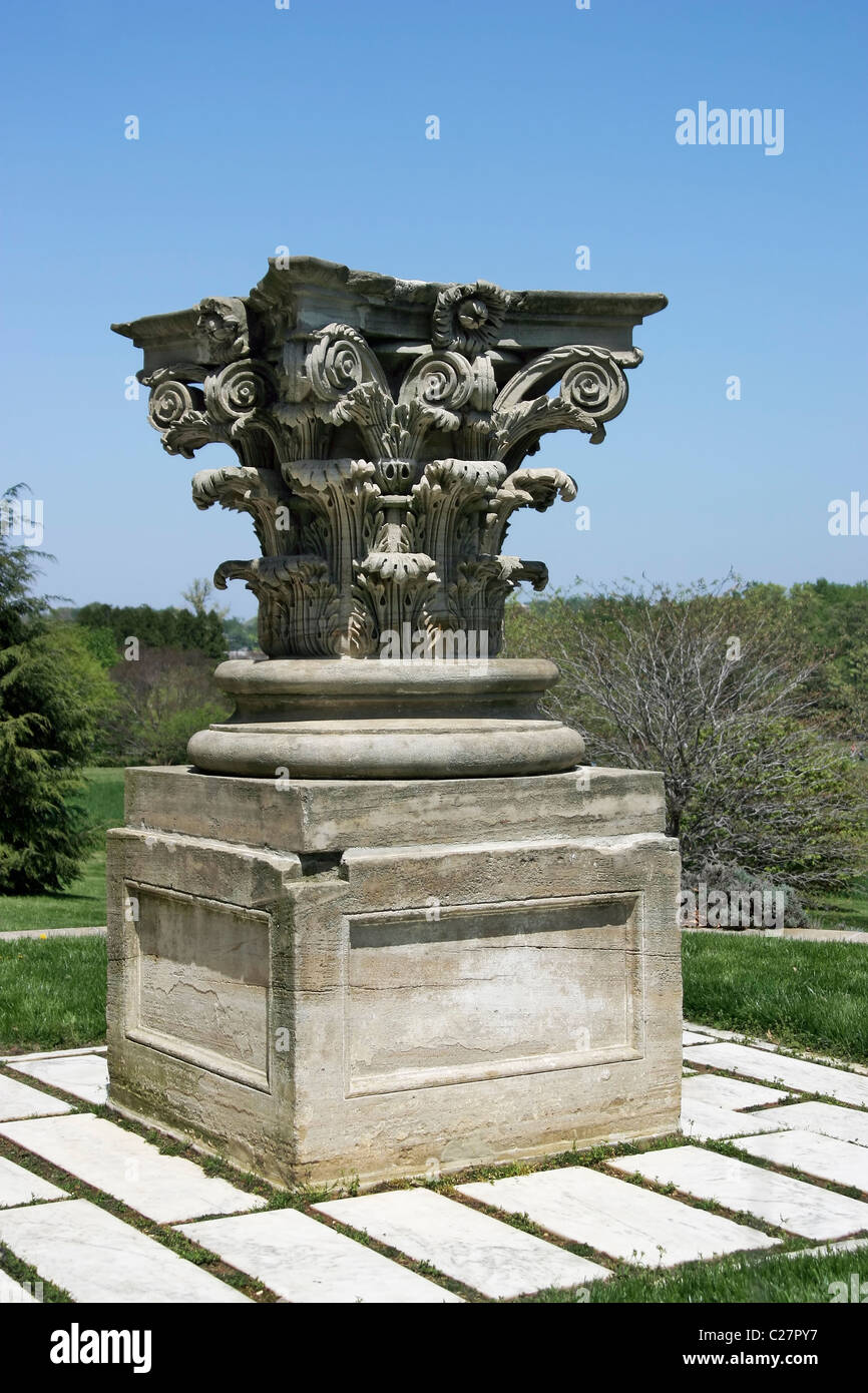 A closeup of a capital from an original sandstone column of the Capitol on display in the National Arboretum, Washington, DC. Stock Photo
