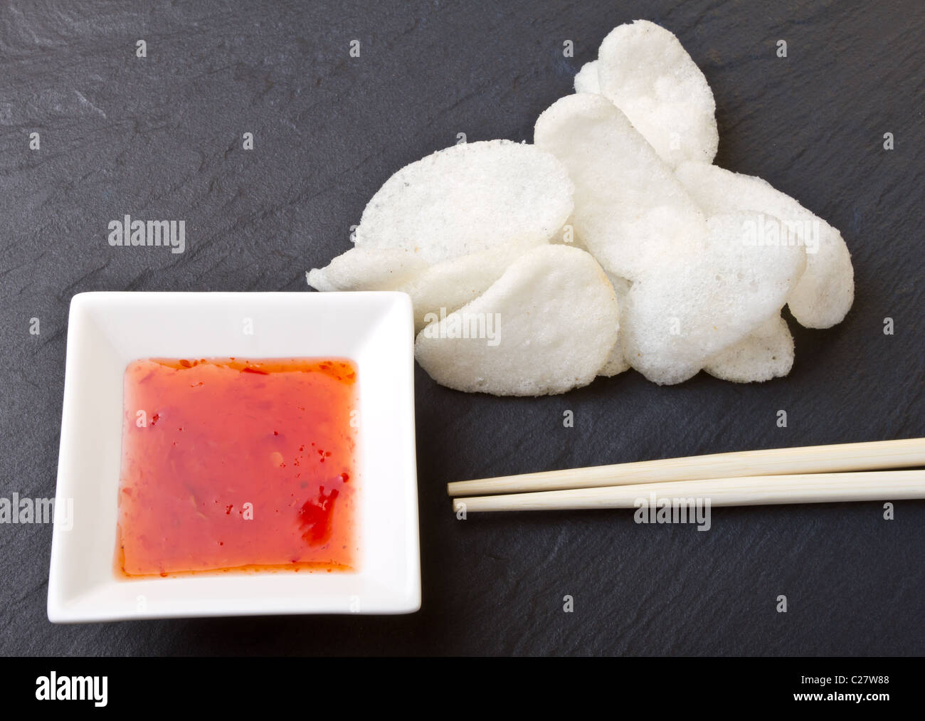 Prawn crackers also known as chinese crackers with sweet chilli dipping