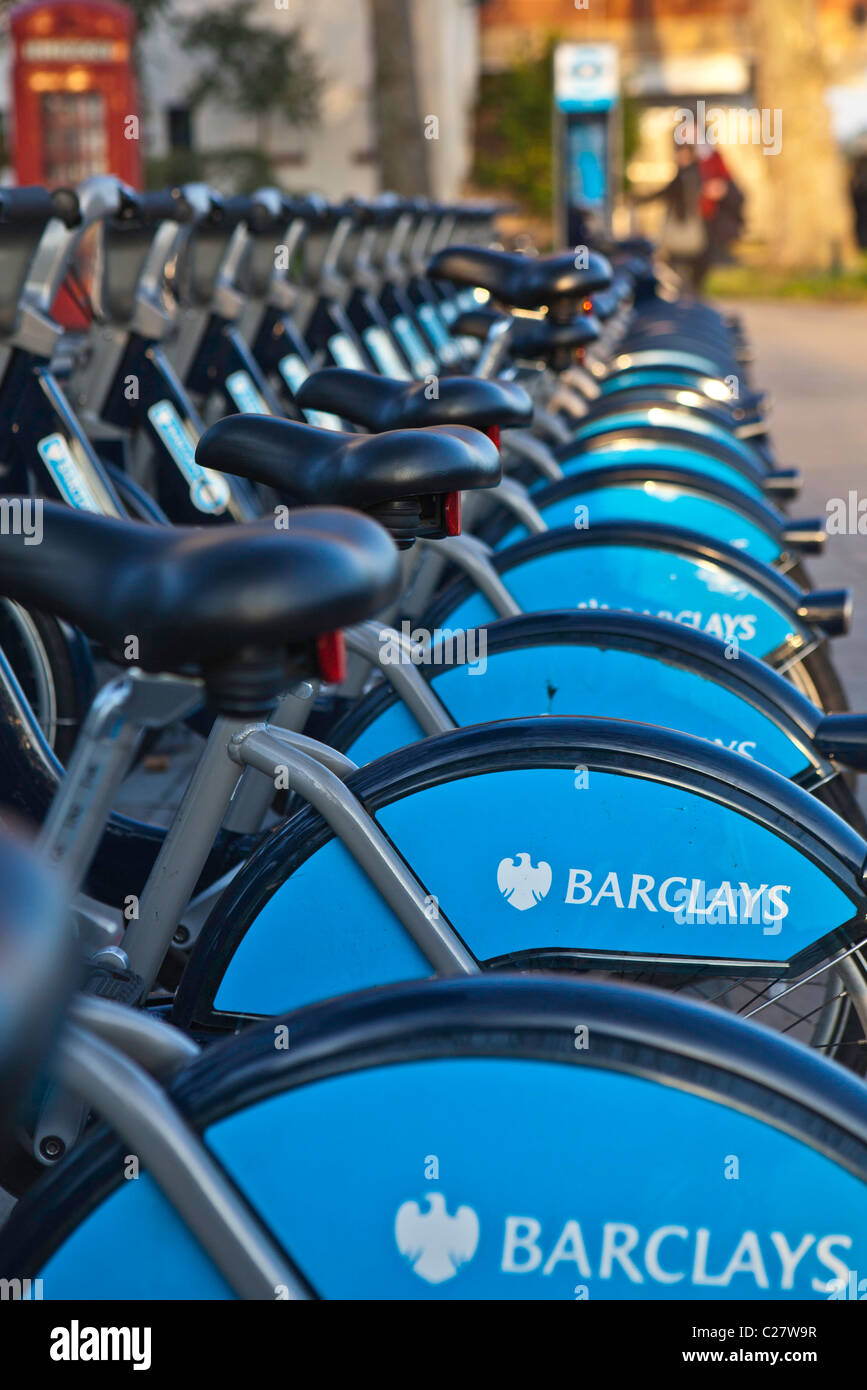 Bikes lined up in the Barclay Cycle Hire stand, Mayfair, London. Part of Transport for London. Stock Photo