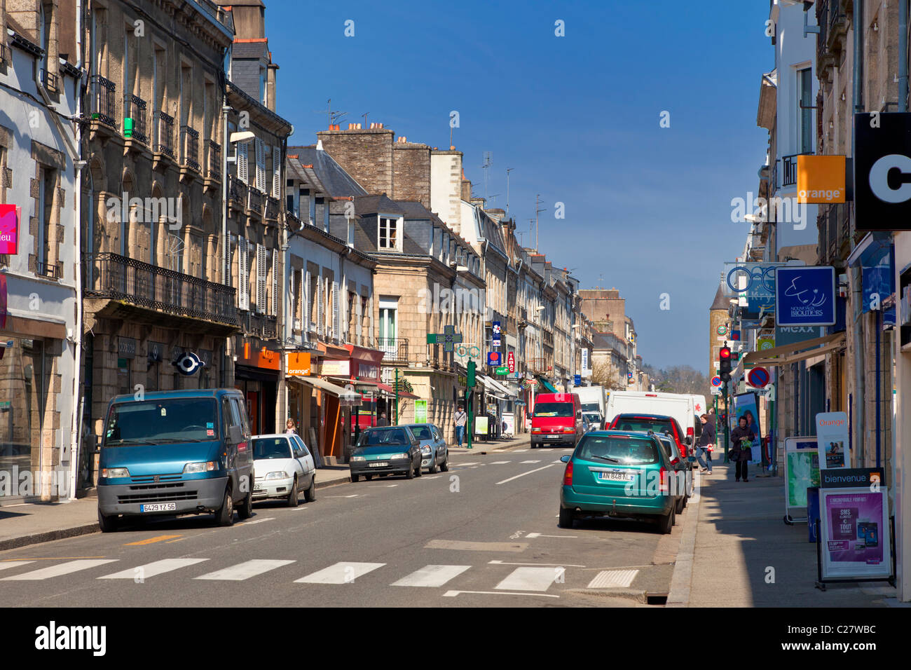Typical French shopping street, Pontivy, Morbihan, Brittany, France, Europe Stock Photo