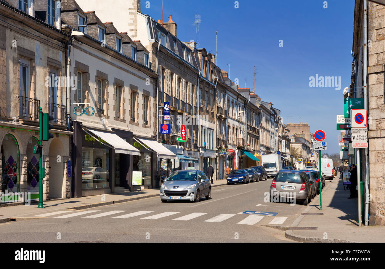 Typical French town centre shopping street, Pontivy, Morbihan, Brittany, France, Europe Stock Photo
