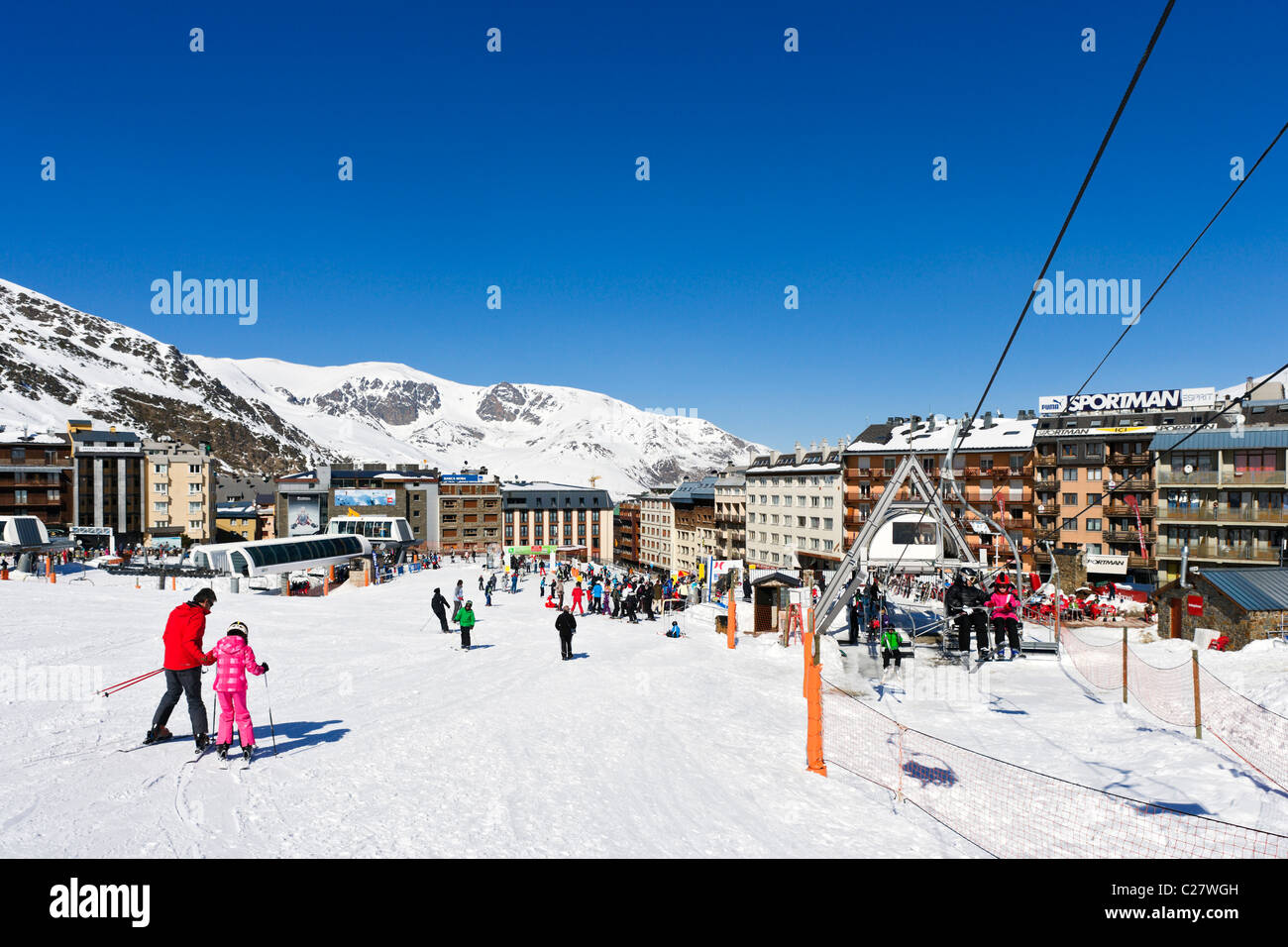 Bottom of the slopes in the resort centre, Pas de la Casa, Grandvalira Ski Area, Andorra Stock Photo