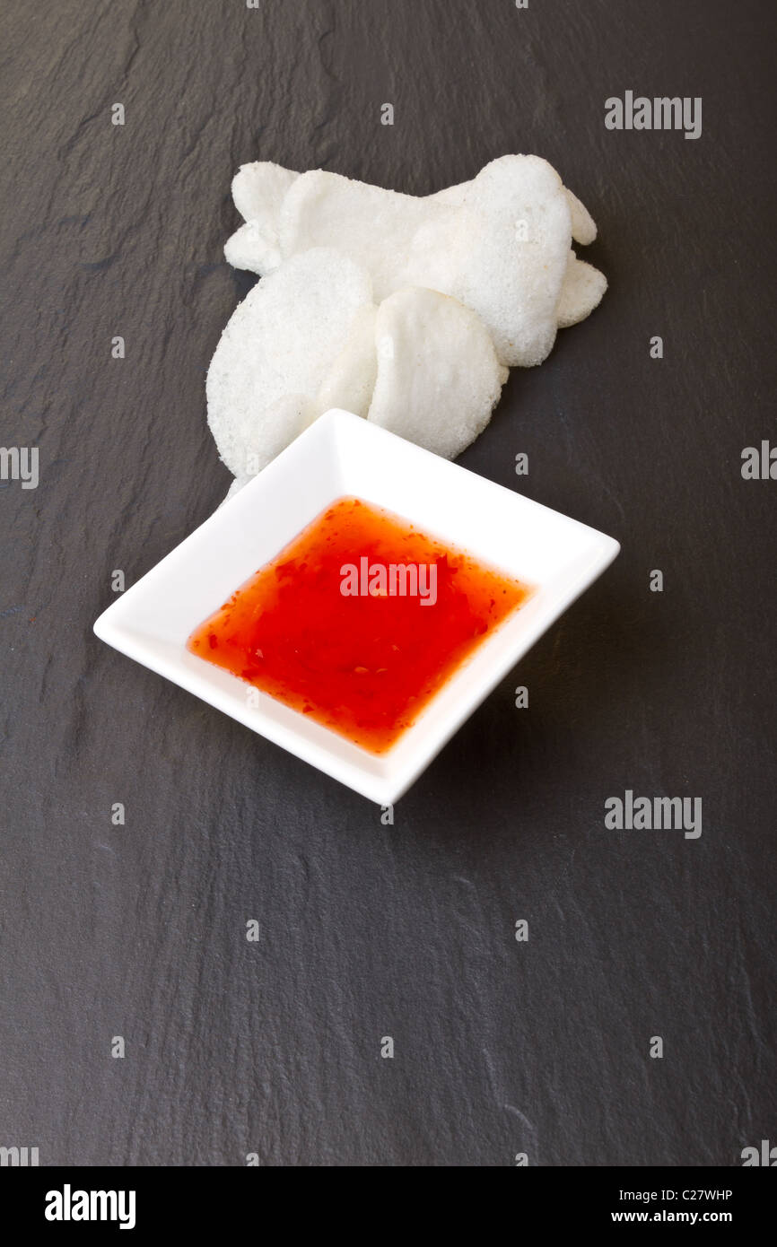 Prawn crackers also known as chinese crackers with sweet chilli dipping