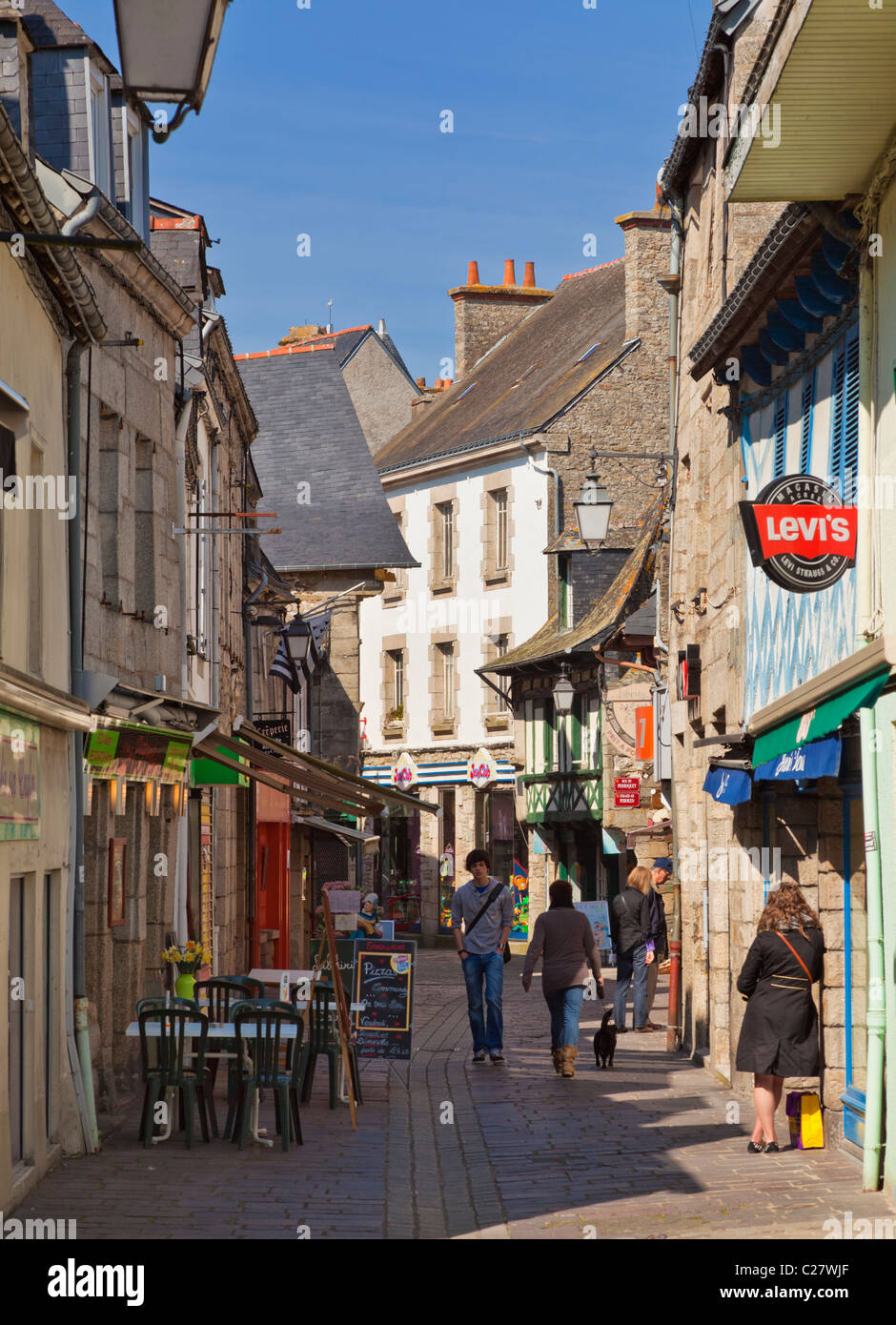 Old medieval street with shops and stores in Pontivy, Morbihan, Brittany, France, Europe Stock Photo
